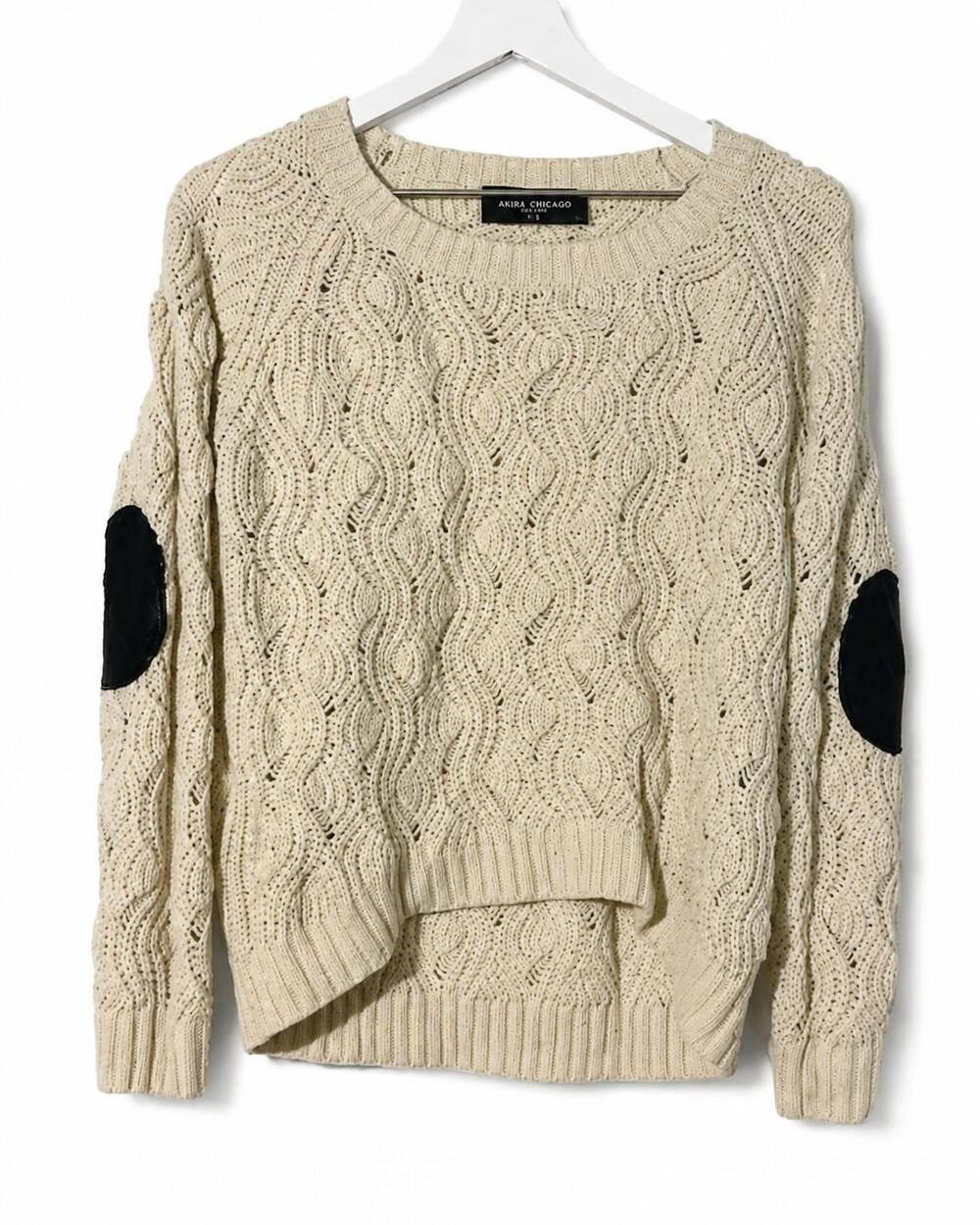 Akira Chicago Black Label Cable Knit Sweater Women's Small Elbow Patch Cream